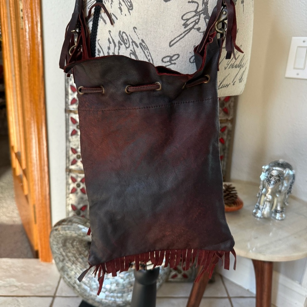 Spell & The Gypsy Dreamweaver Brown Leather Bone Fringe Crossbody Handbag - Picture 7 of 14